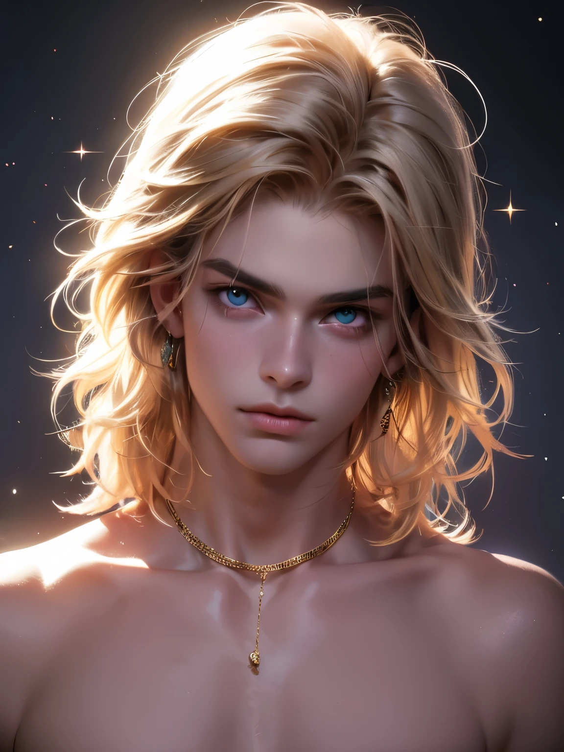 The magical look of a boy with wavy blond hair, Rainbow eyes , sparkling eyes ! just sparkles from the eyes - such a piercing look !! dark skin, Cute boy, boy with a beautiful face, Realistic anime style, the boy looks like a KPOP idol . Mysterious magic surrounds him short hair 