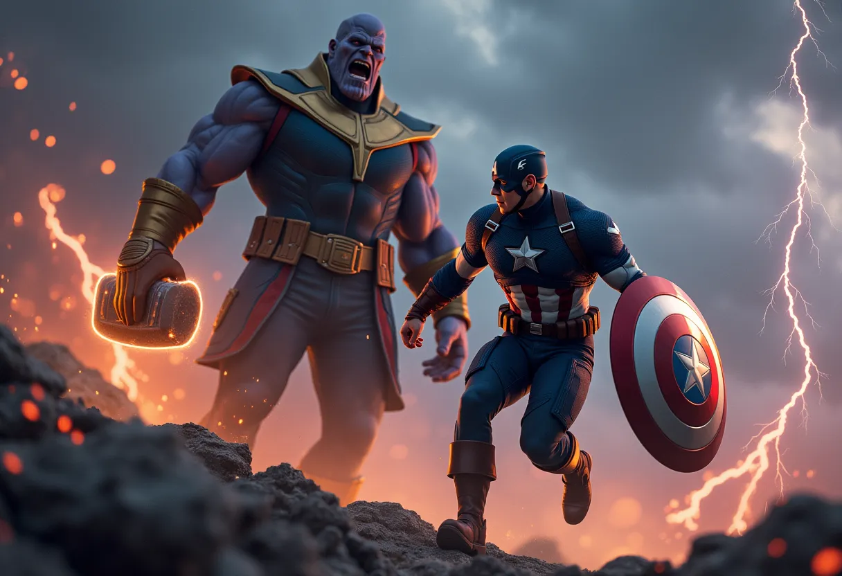 Marvel, Captain America, Captain Americaが右手にヴィヴラニウムシールド、Leaps forward with Mjolnir in his left hand, Lightning erupts from Mjolnir, Burst of Lightning, Confronting Thanos, Thanos attacks, Infinity Gauntlet, Dark clouds gathering background, Cinematic expression, Cinematic Effects, A scene from a movie, UHD, masterpiece, textured skin, high details, best quality, highres