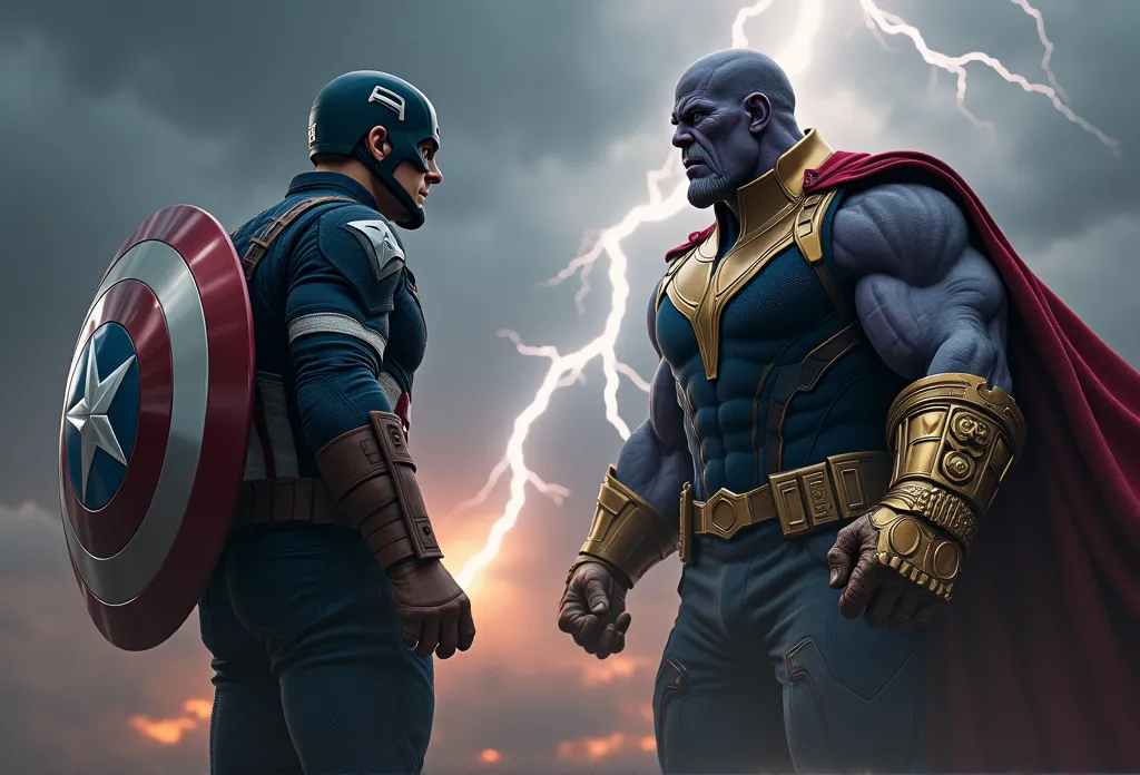 Marvel, Captain America, Captain Americaが右手にヴィヴラニウムシールド、Leaps forward with Mjolnir hammer in left hand, Lightning erupts from the Mjolnir hammer, Burst of Lightning, Confronting Thanos, Thanos attacks, Infinity Gauntlet, Dark clouds gathering background, Dark Background:1.2, Thundercloud, Cinematic expression, Cinematic Effects, A scene from a movie, ((UHD, masterpiece, textured skin, high details:1.3, best quality, highres:1.3))