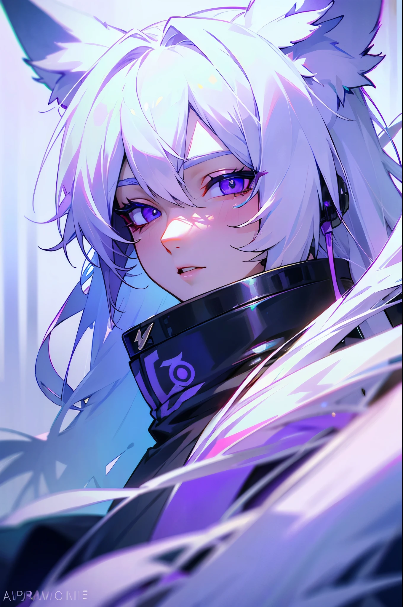 Ultra detailed beautiful eyes, handsome, violet eyes, clear white hair, headphone on the wolf ears.
