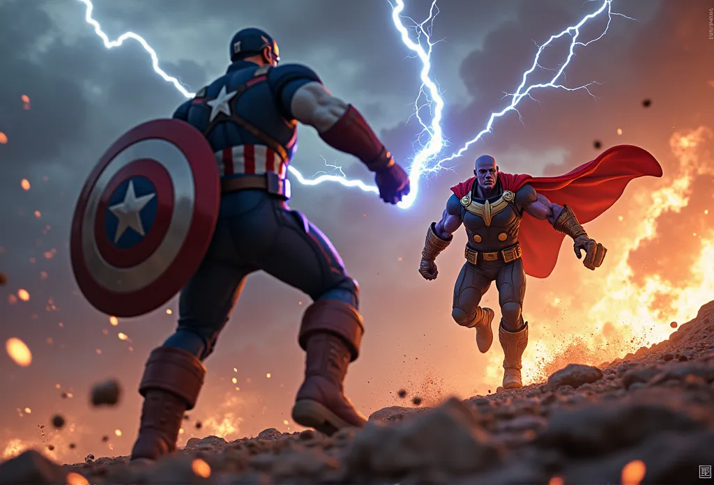 Marvel, Captain America, Captain Americaがヴィヴラニウムシールドとマイティ・ソーのハンマーを持って飛び掛かる:1.3, A violent lightning bolt erupts from the hammer., Burst of Lightning, Thanos, 迎え撃つThanos:1.2, Infinity Gauntlet, Dark clouds gathering background, Dark Background:1.2, Thundercloud, Cinematic expression, Cinematic Effects, A scene from a movie, ((UHD, masterpiece:1.2, textured skin:1.3, high details:1.3, best quality, highres:1.3))