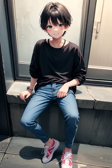 Short, smiling and extremely cute eleven year old boy , black and disheveled hair , white skin , dark blue blouse , blue bermuda jeans , black sneakers , whole body , HEAD ON 