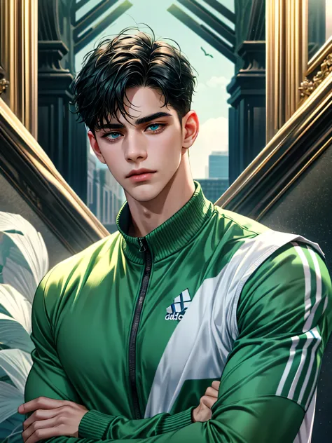 Handsome young man, black hair short hair, blue eyes, ombros largos, masterpiece, Absurd, Beautiful and detailed face, with arms crossed, Looking at the viewer, with dark green adidas long sleeve sweater, daytime environment, an athletics track