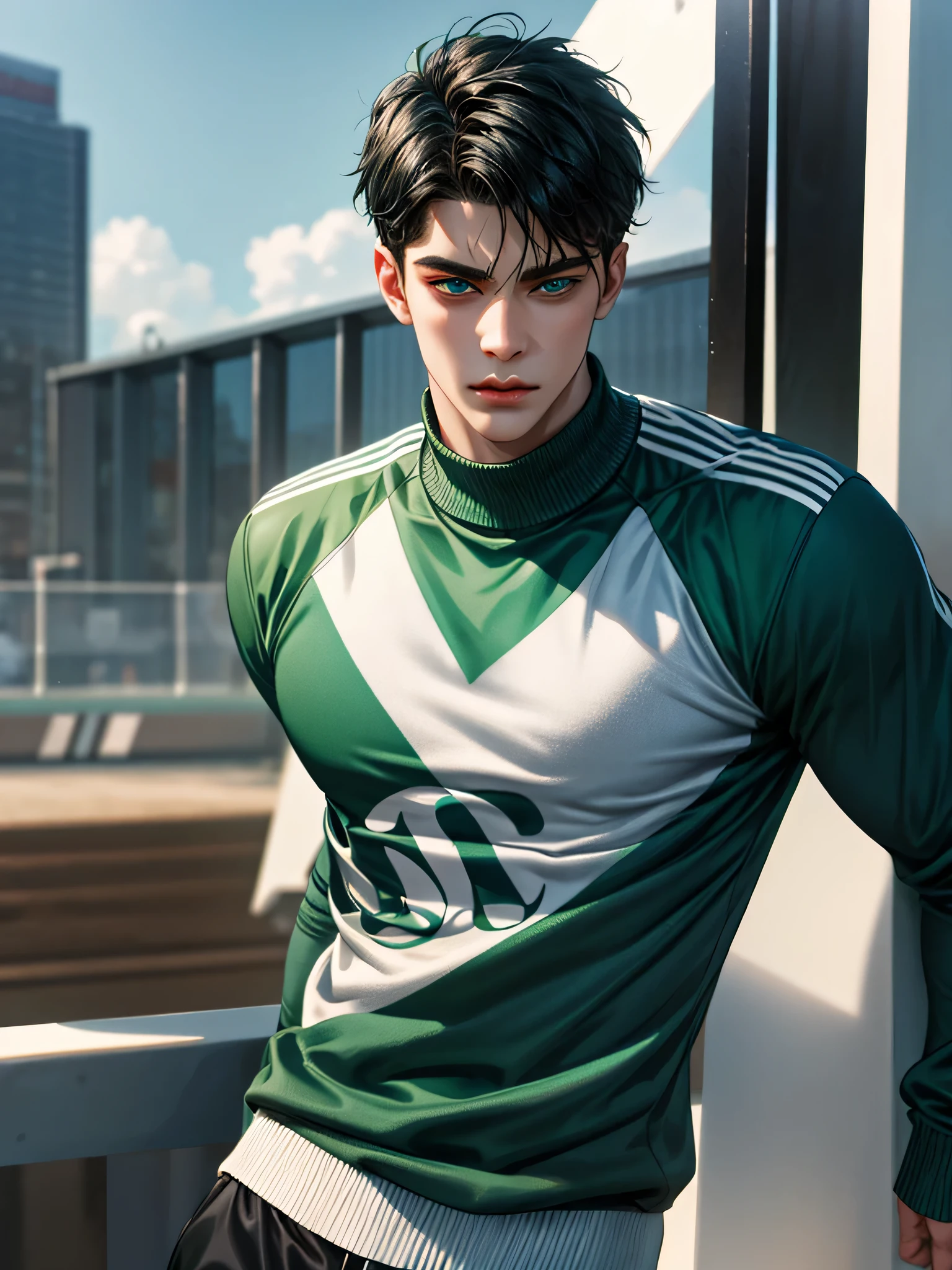 Handsome young man, black hair short hair, blue eyes, ombros largos, masterpiece, Absurd, Beautiful and detailed face, Looking at the viewer, with dark green adidas long sleeve sweater, daytime environment, an athletics track