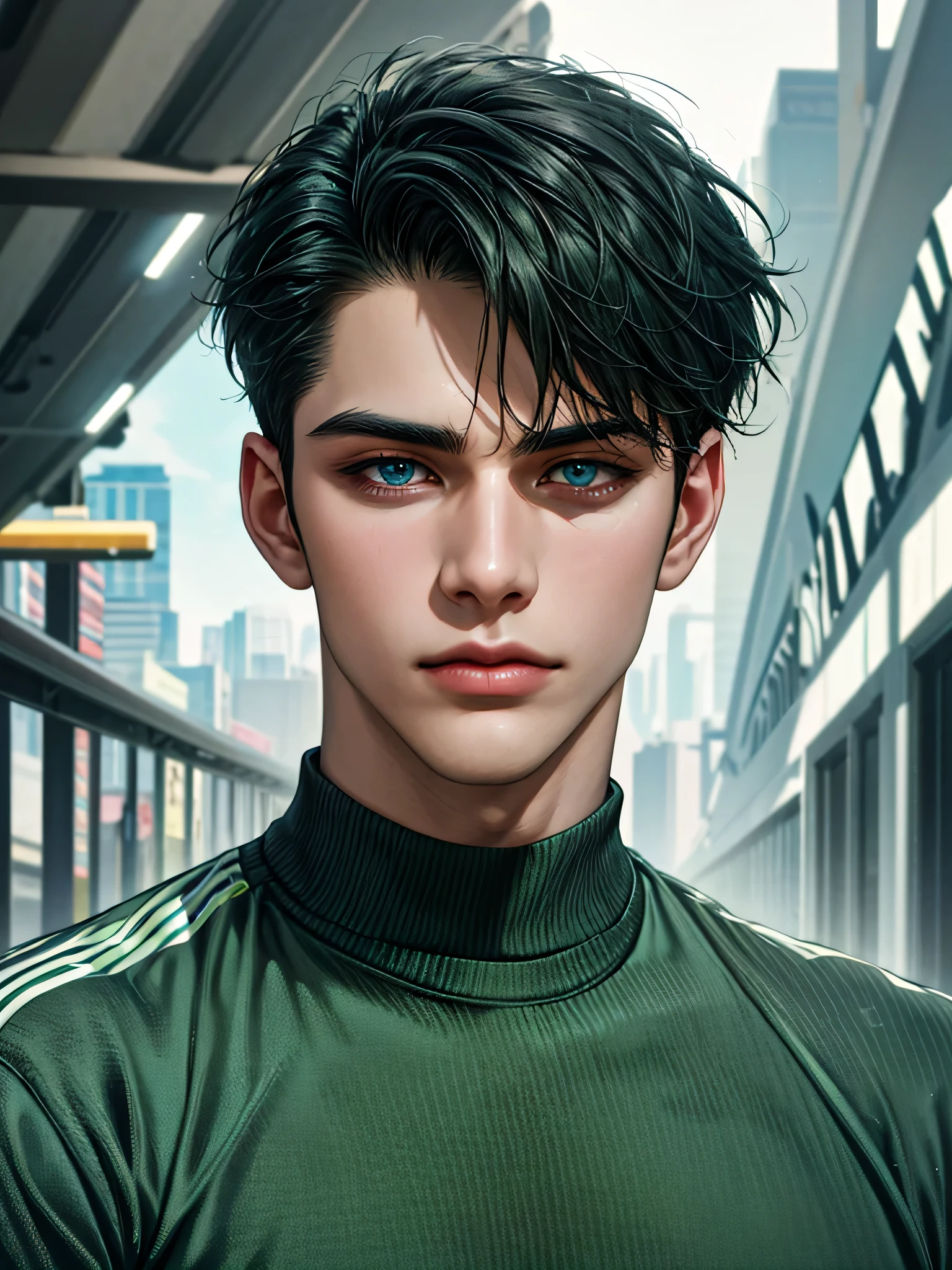 Handsome young man, black hair short hair, blue eyes, ombros largos, masterpiece, Absurd, Beautiful and detailed face, Looking at the viewer, with dark green adidas long sleeve sweater, daytime environment, an athletics track