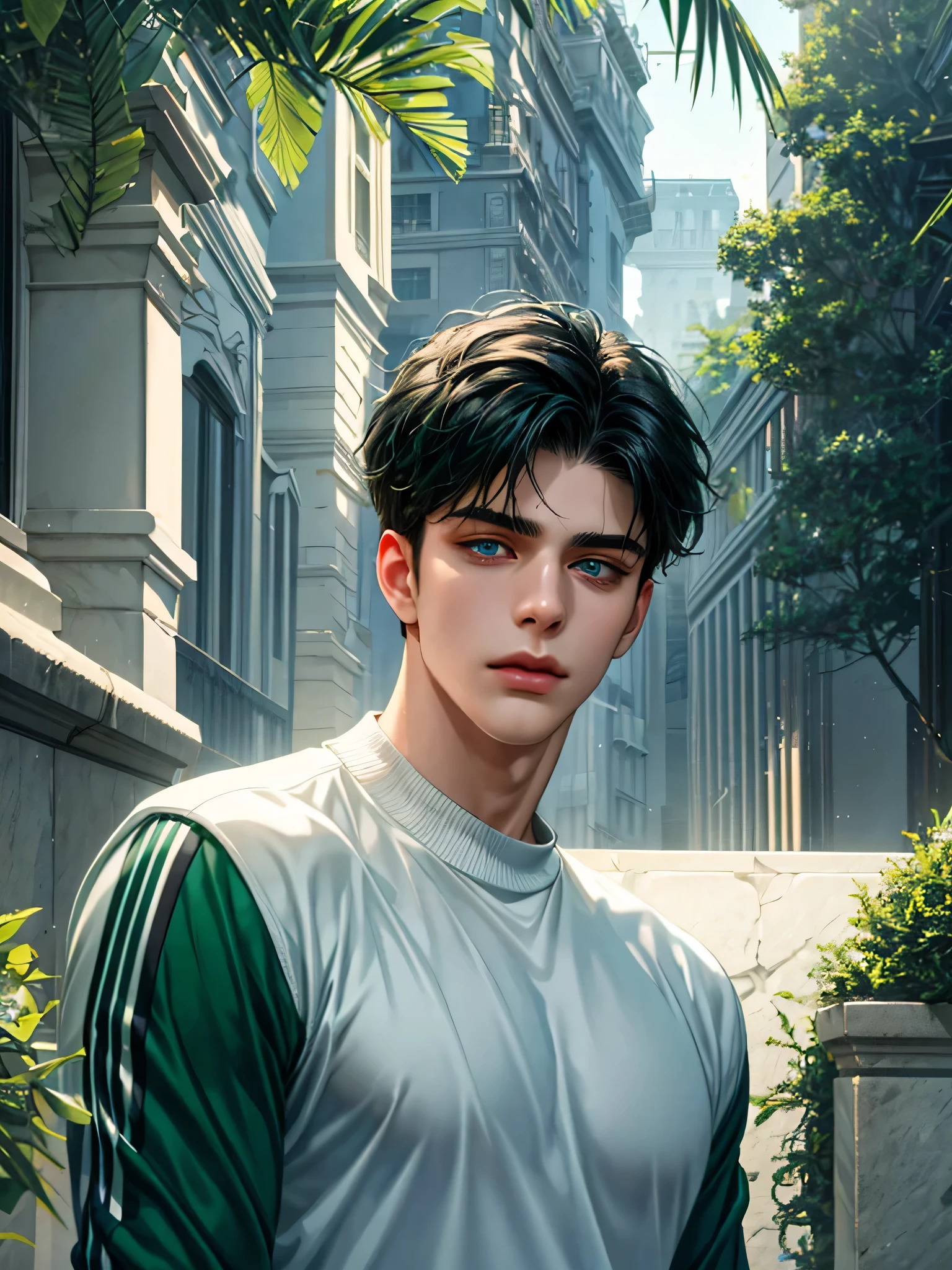 Handsome young man, black hair short hair, blue eyes, ombros largos, masterpiece, Absurd, Beautiful and detailed face, Looking at the viewer, with dark green adidas long sleeve sweater, daytime environment, an avenue