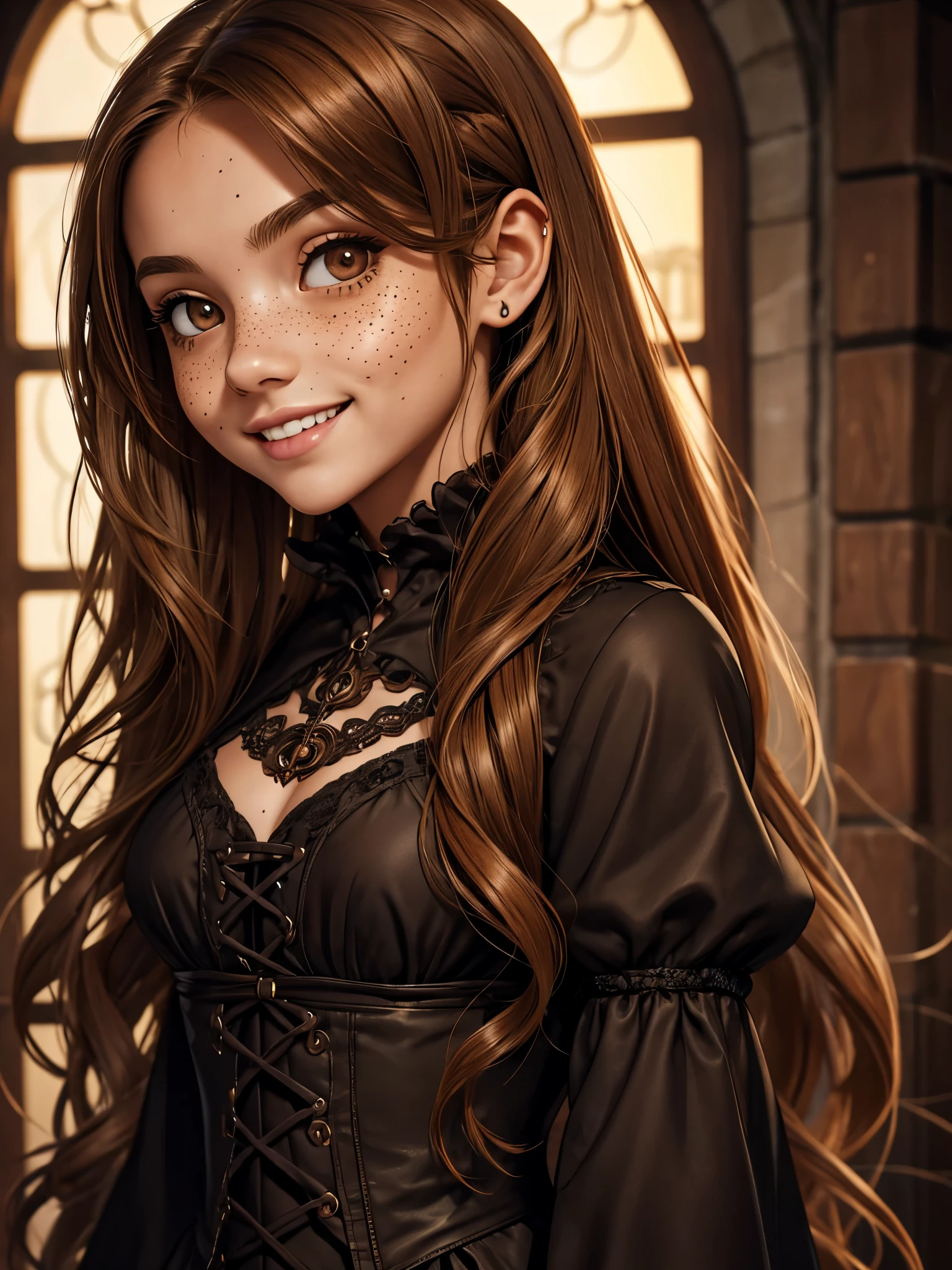 (best quality), 1girl, female, honey toned skin, chestnut hair, long hair, slightly wavy hair, brown eyes, perfect eyes, freckles, (gothic clothes), petite, small bust, smile, masterpiece, anatomically correct, highres
