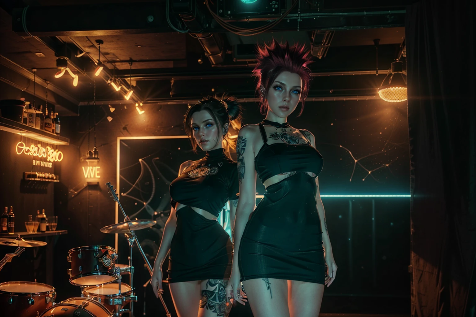 (Trio), An all woman punk band, 3 women, all wearing slightly revealing goth-punk outfits, interior of a smokey dive bar, one woman sings, the second woman plays electric guitar, the third woman plays drums, instruments are worn but cared for, (all the women have some type of Mohawk hairstyle), detailed hair, (each woman poses differently), beautiful eyes and lips, accurate faces, best hands, perfect hands, intricate and separate fingers, 8k, UHD, (studio lighting), lots of rich background details, (award winning photography capturing a sense of hope in dark times), arwen_datnoid_v1, NEGATIVE_HAND-NEG, glow particle, n3on, (full length portrait:1.37) 