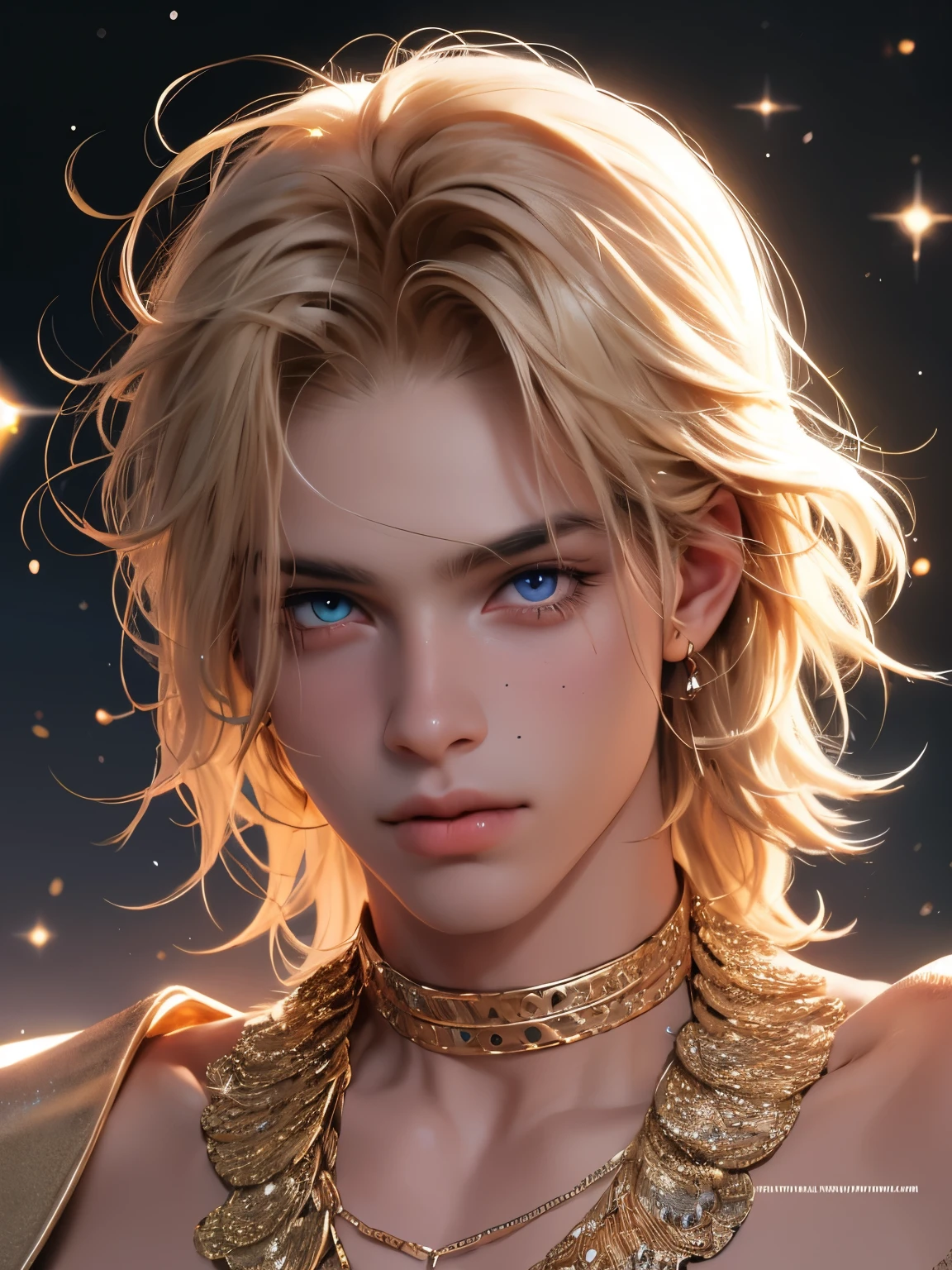 The magical look of a boy with wavy blond hair, Rainbow eyes , sparkling eyes ! just sparkles from the eyes - such a piercing look !! dark skin, Cute boy, boy with a beautiful face, Realistic anime style, the boy looks like a KPOP idol . Mysterious magic surrounds him short hair 