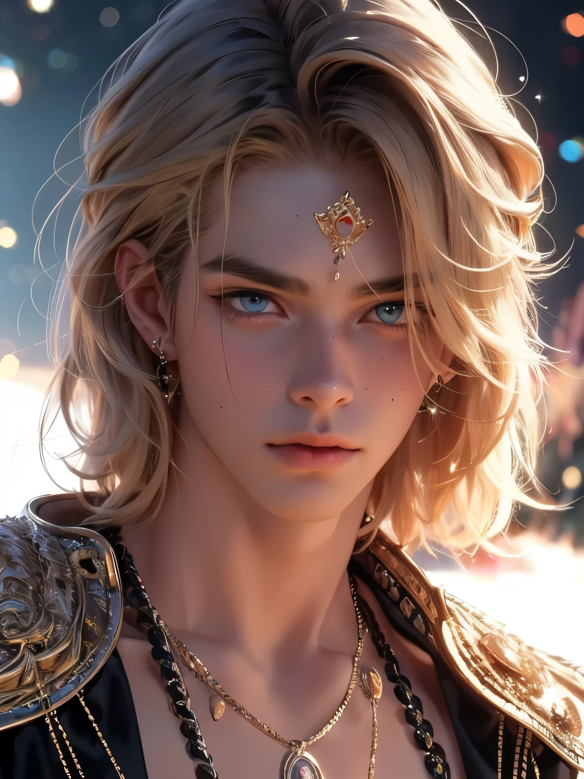 The magical look of a boy with wavy blond hair, Rainbow eyes , sparkling eyes ! just sparkles from the eyes - such a piercing look !! dark skin, Cute boy, boy with a beautiful face, Realistic anime style, the boy looks like a KPOP idol . Mysterious magic surrounds him short hair 