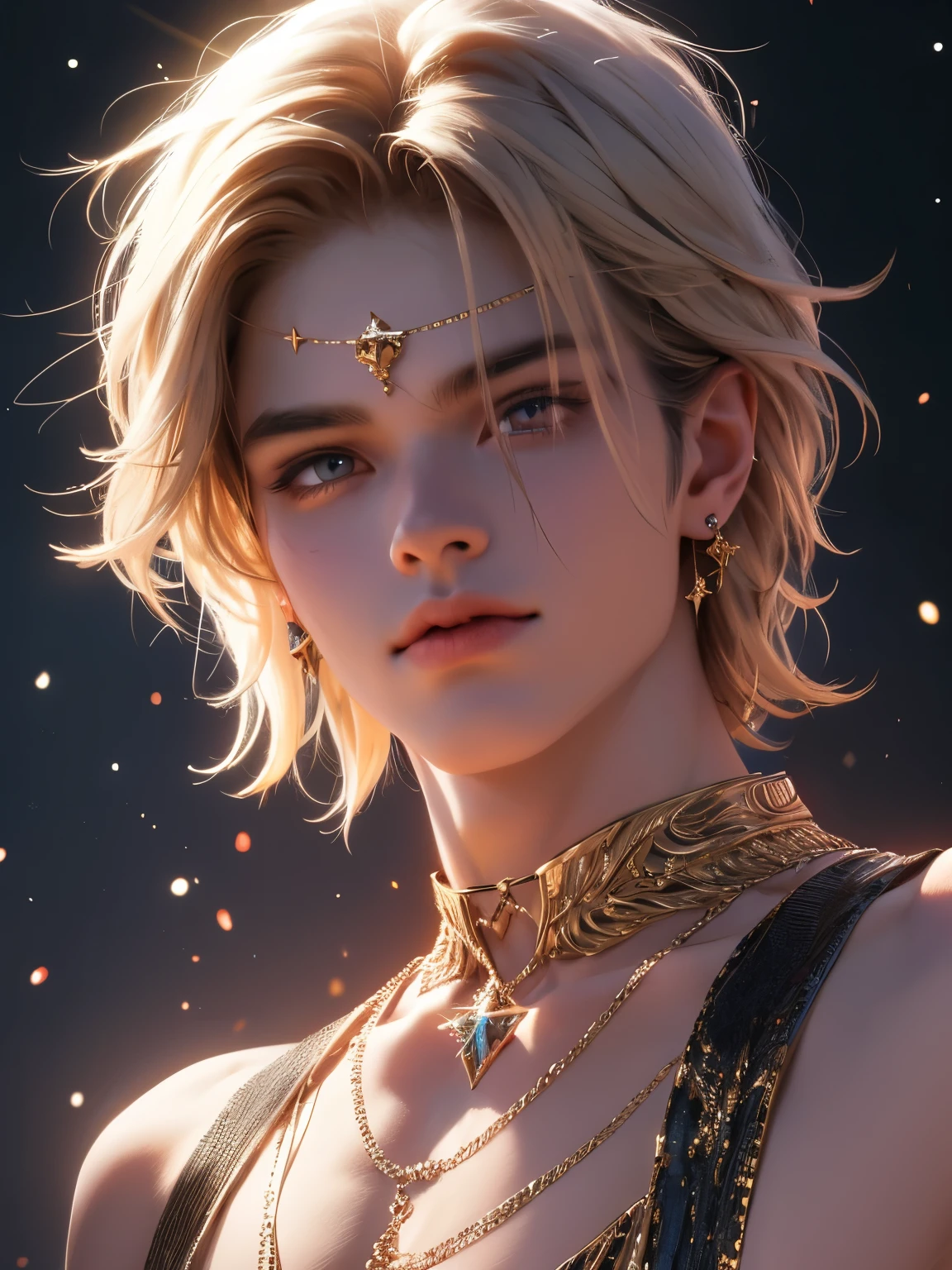 The magical look of a boy with wavy blond hair, Rainbow eyes , sparkling eyes ! just sparkles from the eyes - such a piercing look !! dark skin, Cute boy, boy with a beautiful face, Realistic anime style, the boy looks like a KPOP idol . Mysterious magic surrounds him short hair 