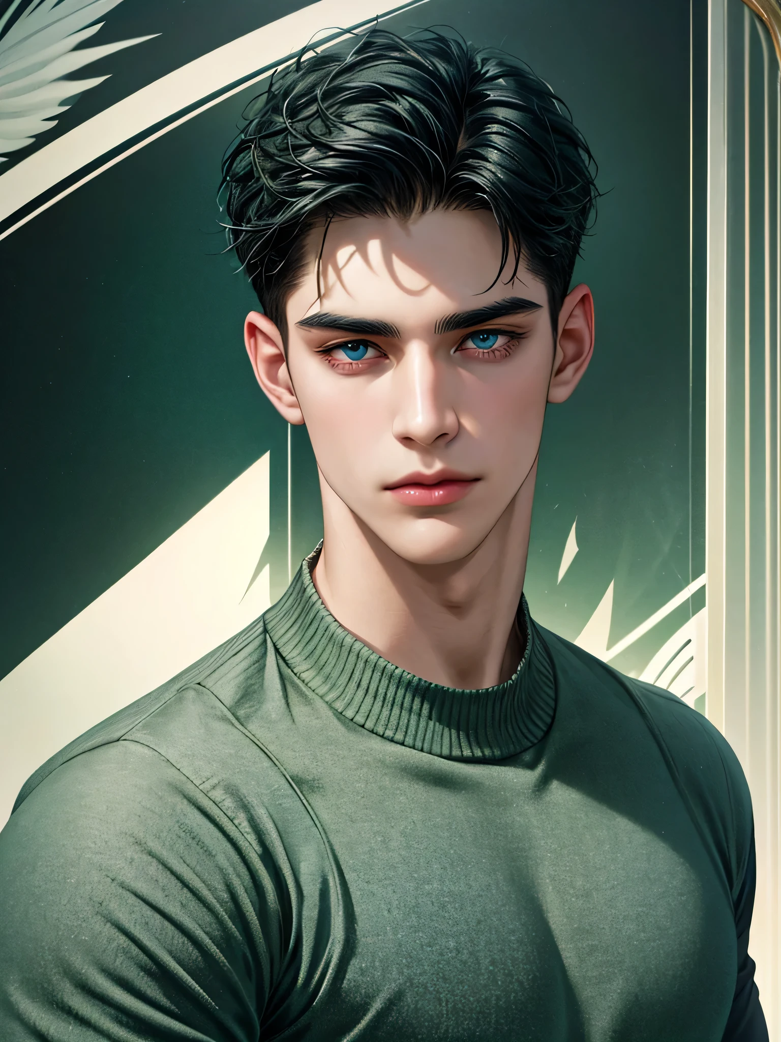 handsome young man, black hair short hair, blue eyes, ombros largos, masterpiece, Absurd, Beautiful and detailed face, with arms crossed, olhando para o espectador, with a dark green long sleeve sweater from adidasdaytime, 