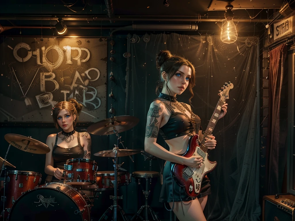 (Trio), An all woman punk band, 3 women, all wearing slightly revealing goth-punk outfits, interior of a smokey dive bar, one woman sings, the second woman plays electric guitar, the third woman plays drums, instruments are worn but cared for, (all the women have some type of updo hairstyle), detailed hair, (each woman poses differently), beautiful eyes and lips, accurate faces, best hands, perfect hands, intricate and separate fingers, 8k, UHD, (studio lighting), lots of rich background details, (award winning photography capturing a sense of hope in dark times), arwen_datnoid_v1, NEGATIVE_HAND-NEG, glow particle, (full length portrait:1.37) 