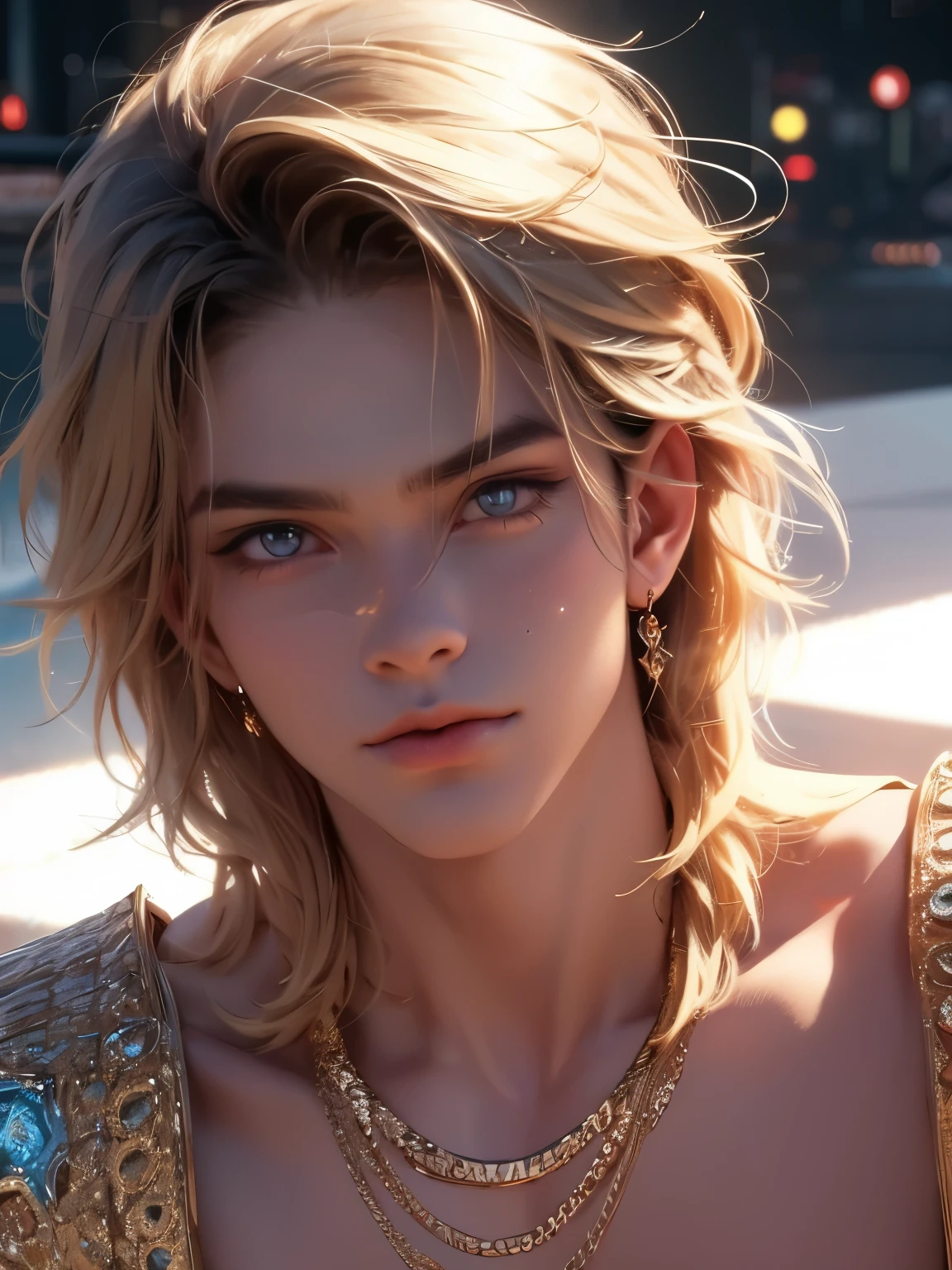 The magical look of a boy with wavy blond hair, Rainbow eyes , sparkling eyes ! just sparkles from the eyes - such a piercing look !! dark skin, Cute boy, boy with a beautiful face, Realistic anime style, the boy looks like a KPOP idol . Mysterious magic surrounds him short hair 