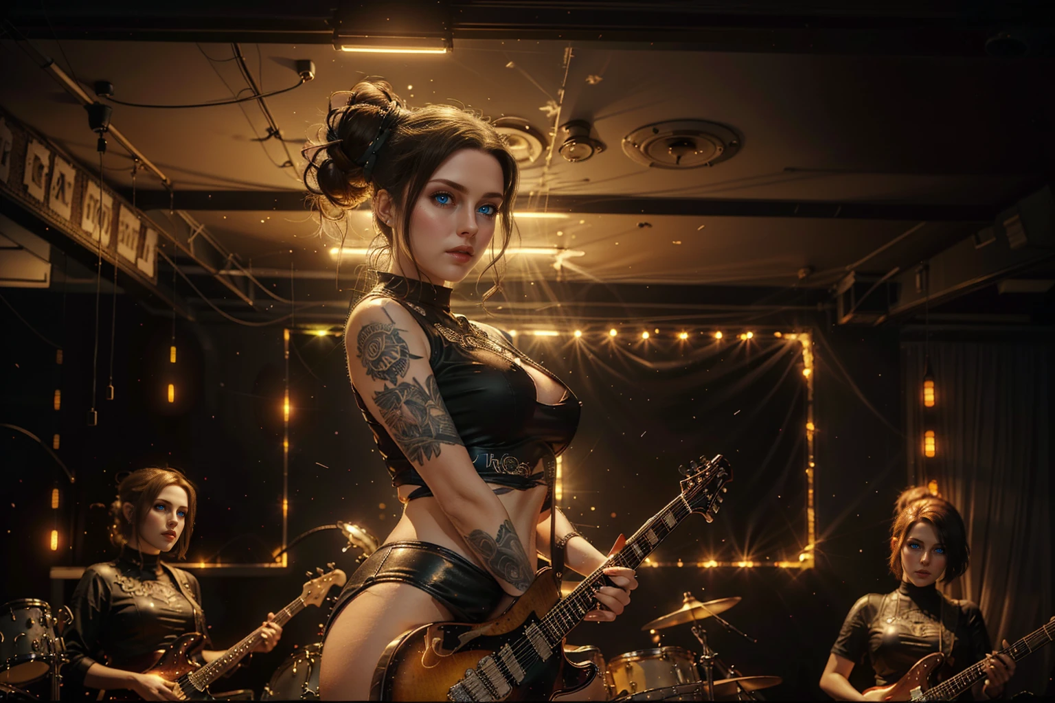 (Trio), An all woman punk band, 3 women, all wearing slightly revealing goth-punk outfits, interior of a smokey dive bar, one woman sings, the second woman plays electric guitar, the third woman plays drums, instruments are worn but cared for, (all the women have some type of updo hairstyle), detailed hair, (each woman poses differently), beautiful eyes and lips, accurate faces, best hands, perfect hands, intricate and separate fingers, 8k, UHD, (studio lighting), lots of rich background details, (award winning photography capturing a sense of hope in dark times), arwen_datnoid_v1, NEGATIVE_HAND-NEG, glow particle, (full length portrait:1.37) 