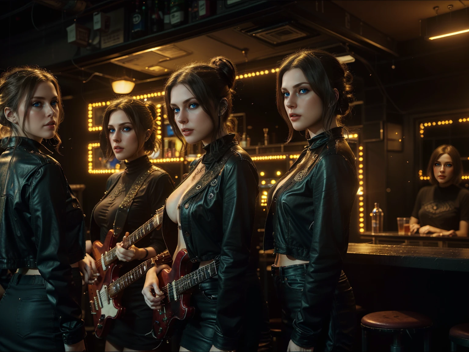 (Trio), An all woman punk band, 3 women, all wearing slightly revealing goth-punk outfits, interior of a smokey dive bar, one woman sings, the second woman plays electric guitar, the third woman plays drums, instruments are worn but cared for, (all the women have some type of updo hairstyle), detailed hair, (each woman poses differently), beautiful eyes and lips, accurate faces, best hands, perfect hands, intricate and separate fingers, 8k, UHD, (studio lighting), lots of rich background details, (award winning photography capturing a sense of hope in dark times), arwen_datnoid_v1, NEGATIVE_HAND-NEG, glow particle, (full length portrait:1.37) 