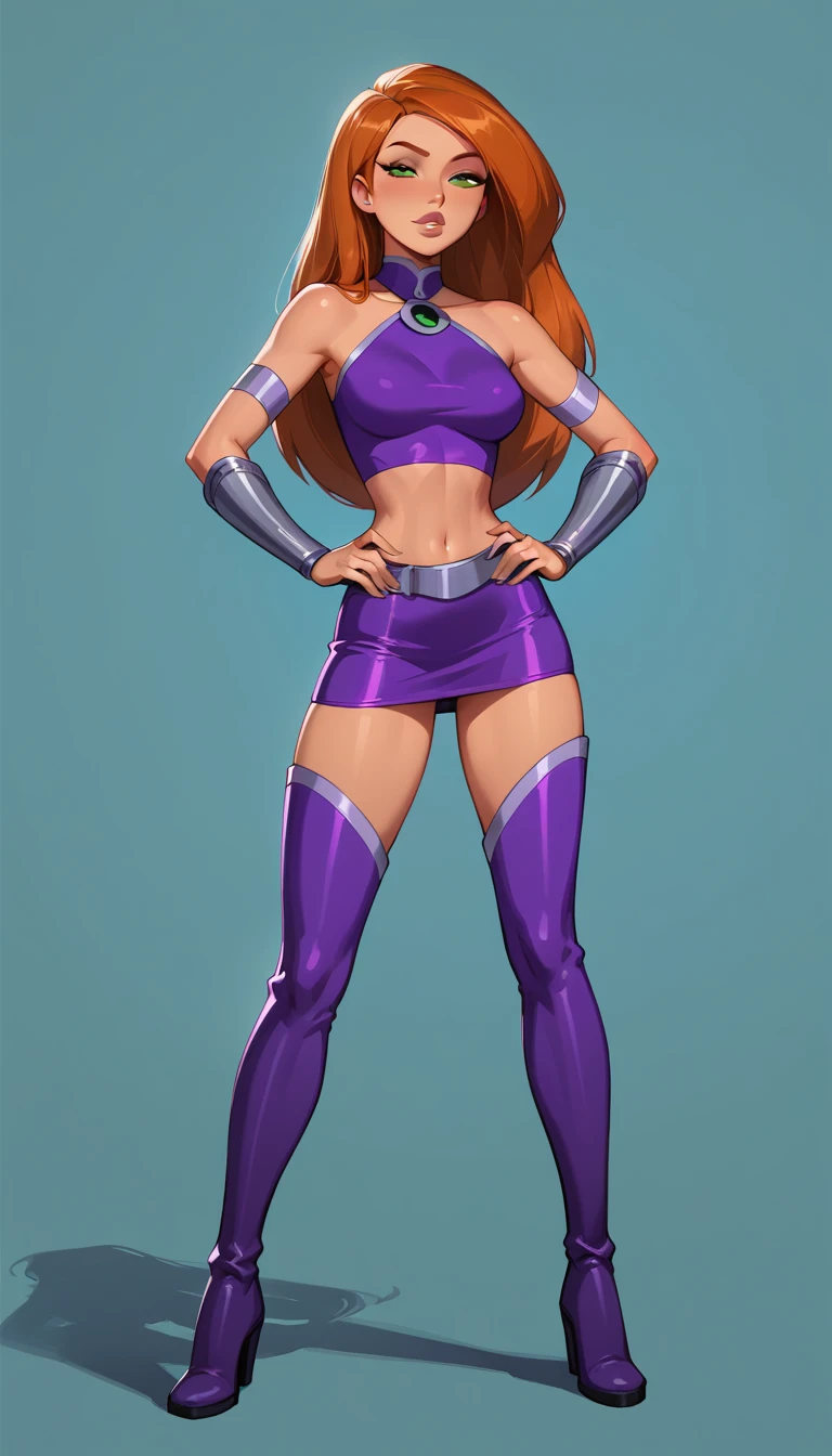 score_9, score_8_up, score_7_up, 1girl, (Kim Possible, wearing Starfire costume, purple top, purple thigh boots, gorget, vambraces:1.4), (purple miniskirt:1.6) flirt, gaze, sexy look, half-closed eyes, head tilt, filled lips, thick lips, makeup, hands on hips, sexy pose, (full body in view) expressiveh d4rk01l, perfect hands, perfect proportions, simple background.