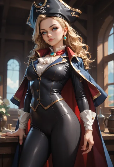 anime girl, sexy figure, tight clothes, pirate captain outfit, black blouse, black pants, captain&#39;s hat, on the ship stands ...