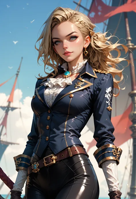 anime girl, sexy figure, tight clothes, pirate captain outfit, black blouse, black pants, captain&#39;s hat, on the ship stands ...