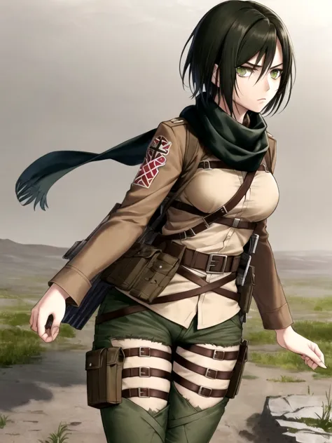 aot style, shingeki no kyojin,
mikasa ackerman,
1girl, arm strap, bangs, black hair, black pants, breasts, cowboy shot, embers, green eyes, grey background, hair between eyes, harness, long sleeves, looking at viewer, medium breasts, pants, red scarf, scarf, shirt, short hair, smoke, solo, thigh strap,  brown jacket, white shirt, survey corps \(emblem\)
, ((masterpiece)), best quality
, 