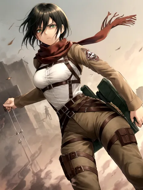 aot style, shingeki no kyojin,
mikasa ackerman,
1girl, arm strap, bangs, black hair, black pants, breasts, cowboy shot, embers, green eyes, grey background, hair between eyes, harness, long sleeves, looking at viewer, medium breasts, pants, red scarf, scarf, shirt, short hair, smoke, solo, thigh strap,  brown jacket, white shirt, survey corps \(emblem\)
, ((masterpiece)), best quality
, 