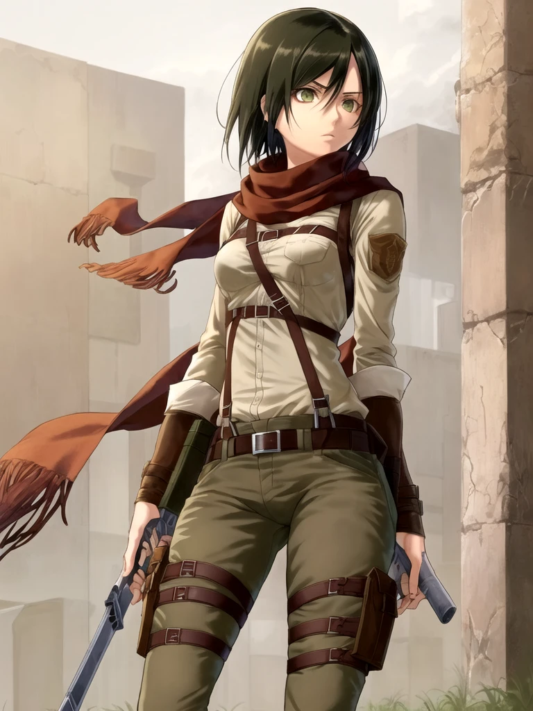 aot style, shingeki no kyojin,
mikasa ackerman,
1girl, arm strap, bangs, black hair, black pants, breasts, cowboy shot, embers, green eyes, grey background, hair between eyes, harness, long sleeves, looking at viewer, medium breasts, pants, red scarf, scarf, shirt, short hair, smoke, solo, thigh strap,  brown jacket, white shirt, survey corps \(emblem\)
, ((masterpiece)), best quality
, 