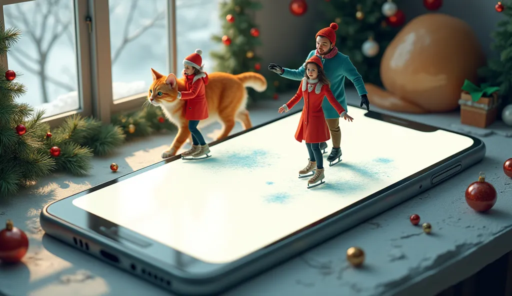 Illustration super réaliste, Art fantastique détaillé, rendu cinéma 4d, photographie miniature, Animation en argile, Miniature sur une table, Un homme et une femme font du patin à glace sur un smartphone géant, le smartphone affiche un écran blanc, prise de vue en plongée, Fond simple, Art miniature du style Tatsuya Tanaka et le tout évolutif,l'ensemble plus vrai que nature avec un décor de Noël sur un rebord de fenêtre et un gros chat à coté 