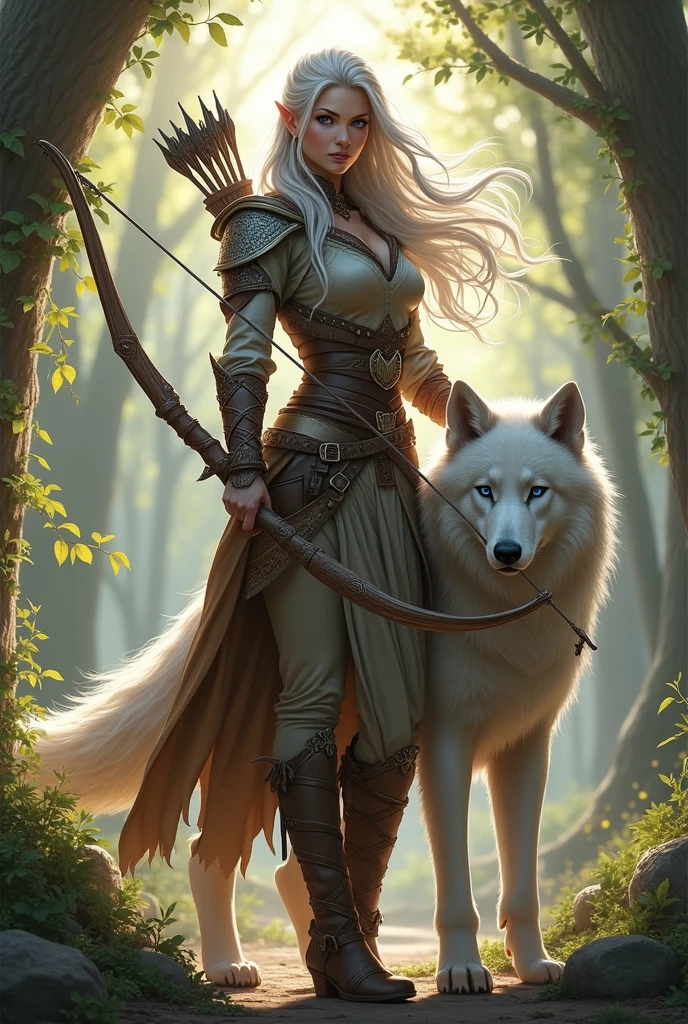 Ranger, elf, female, arch, silver hair, blue eyes, white wolf