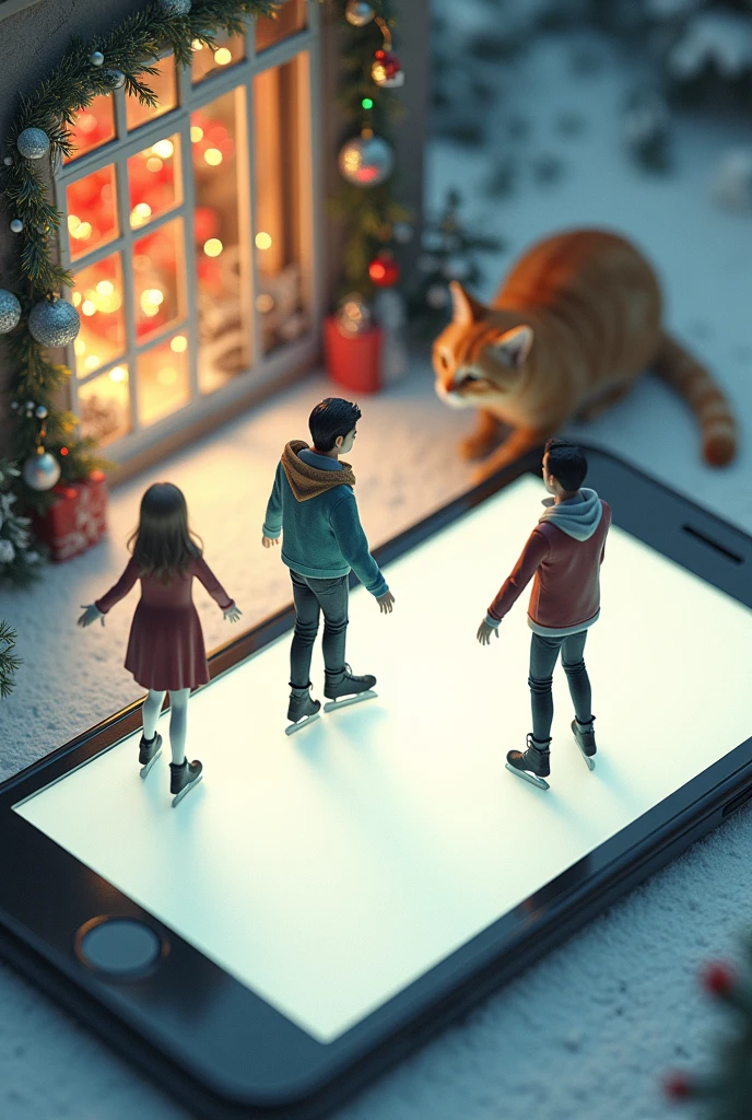 Illustration super réaliste, Art fantastique détaillé, rendu cinéma 4d, photographie miniature, Animation en argile, Miniature sur une table, Un homme et une femme font du patin à glace sur un smartphone géant, le smartphone affiche un écran blanc, prise de vue en plongée, Fond simple, Art miniature du style Tatsuya Tanaka et le tout évolutif,l'ensemble plus vrai que nature avec un décor de Noël sur un rebord de fenêtre et un gros chat à coté 