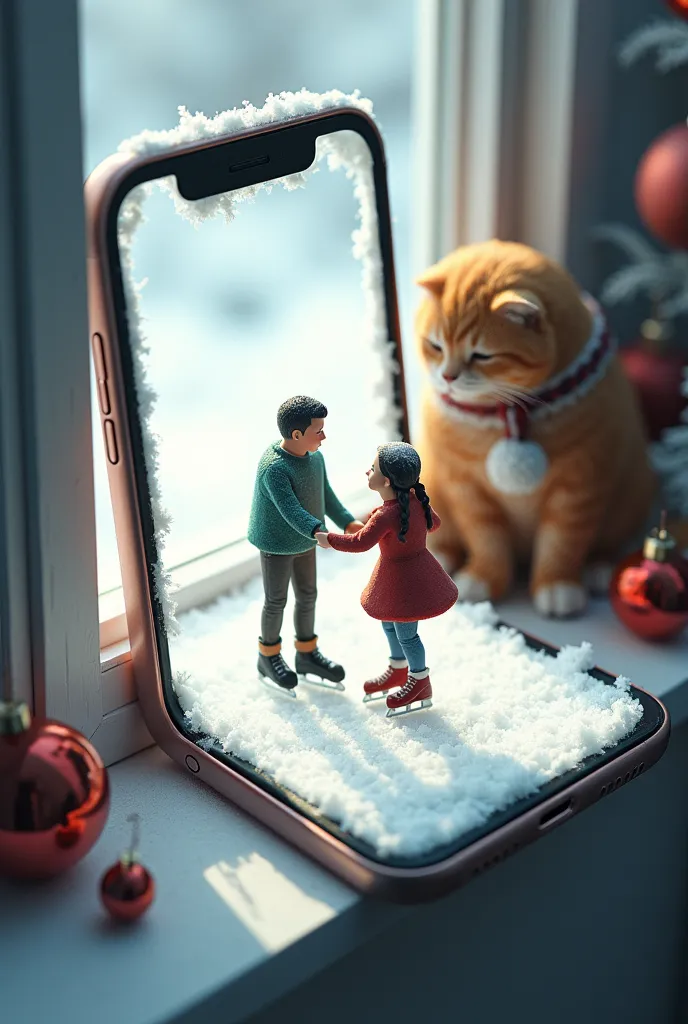 Illustration super réaliste, Art fantastique détaillé, rendu cinéma 4d, photographie miniature, Animation en argile, Miniature sur une table, Un homme et une femme font du patin à glace sur un smartphone géant, le smartphone affiche un écran blanc, prise de vue en plongée, Fond simple, Art miniature du style Tatsuya Tanaka et le tout évolutif,l'ensemble plus vrai que nature avec un décor de Noël sur un rebord de fenêtre et un gros chat plus grand que le smartphone à côté 