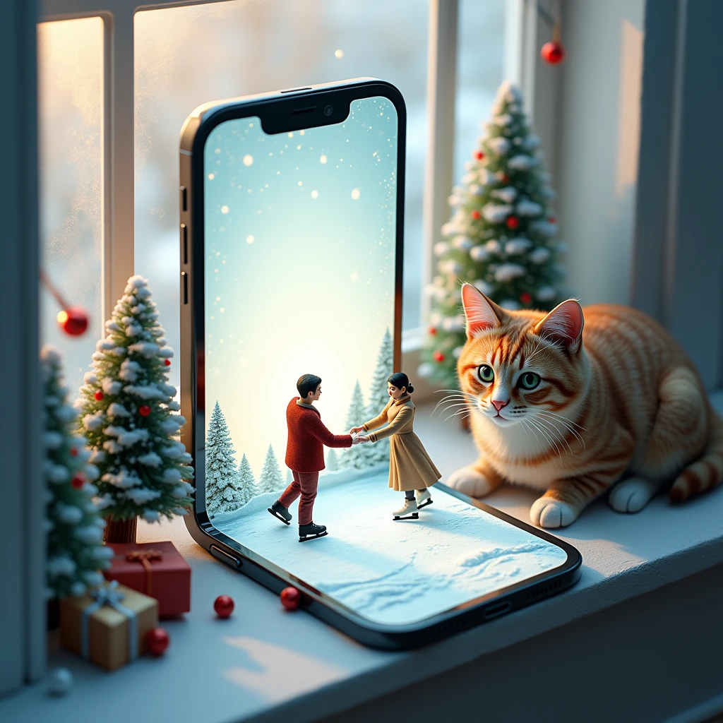 Illustration super réaliste, Art fantastique détaillé, rendu cinéma 4d, photographie miniature, Animation en argile, Miniature sur une table, Un homme et une femme font du patin à glace sur un smartphone géant, le smartphone affiche un écran blanc, prise de vue en plongée, Fond simple, Art miniature du style Tatsuya Tanaka et le tout évolutif,l'ensemble plus vrai que nature avec un décor de Noël sur un rebord de fenêtre et un gros chat plus grand que le smartphone à côté 