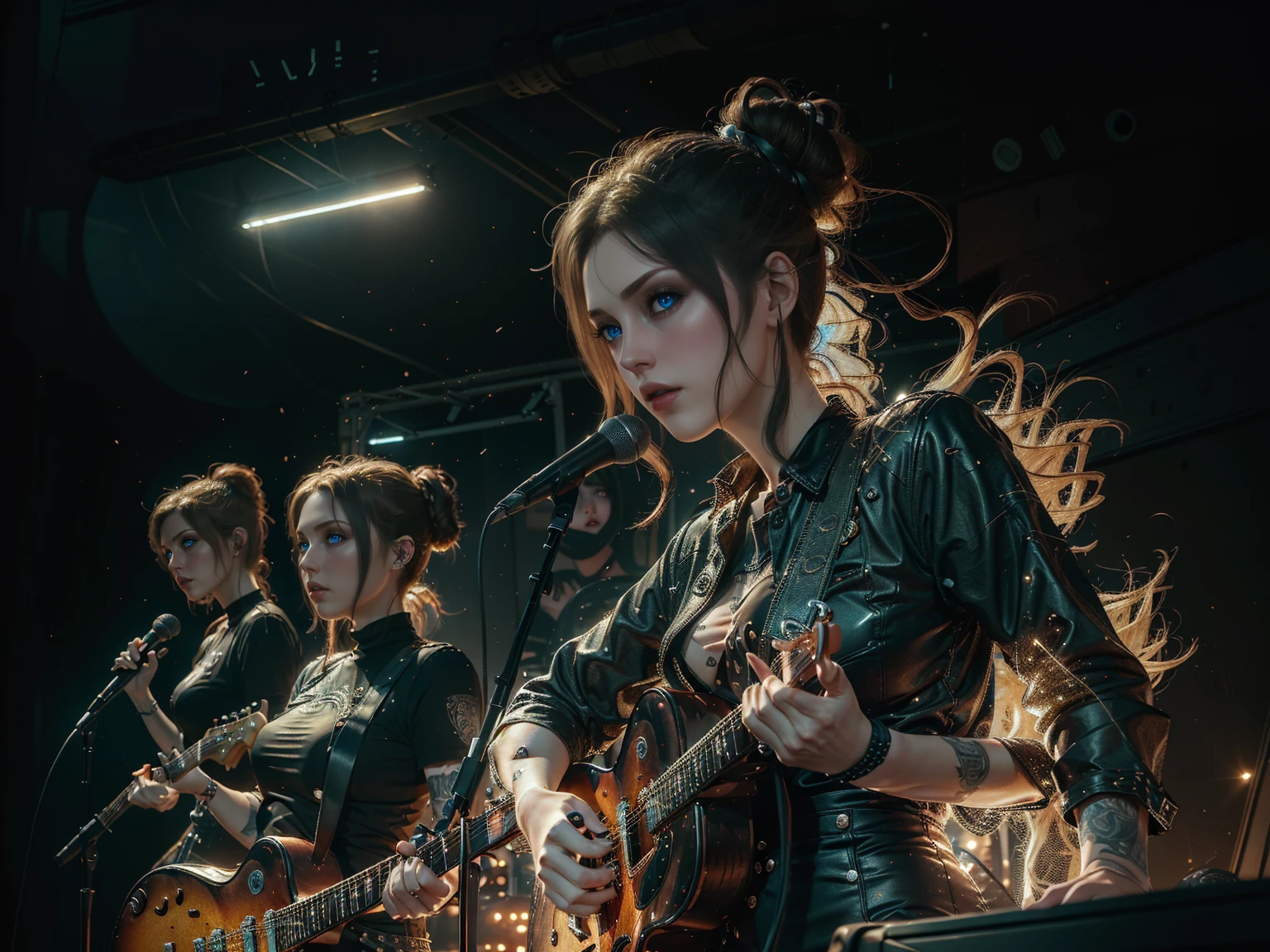 (Trio), An all woman punk band, 3 women, all wearing slightly revealing goth-punk outfits, interior of a smokey dive bar, the women are on stage performing, one woman sings, the second woman plays electric guitar, the third woman plays drums, instruments are worn but cared for, (all the women have some type of updo hairstyle), detailed hair, (each woman poses differently), beautiful eyes and lips, accurate faces, best hands, perfect hands, intricate and separate fingers, 8k, UHD, (studio lighting), lots of rich background details, (award winning photography capturing a sense of hope in dark times), arwen_datnoid_v1, NEGATIVE_HAND-NEG, glow particle, (full length portrait:1.37) 