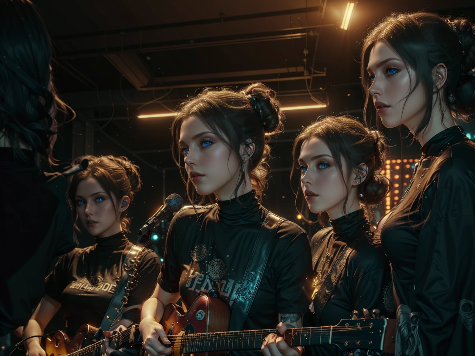 (Trio), An all woman punk band, 3 women, all wearing slightly revealing goth-punk outfits, interior of a smokey dive bar, the women are on stage performing, one woman sings, the second woman plays electric guitar, the third woman plays drums, instruments are worn but cared for, (all the women have some type of updo hairstyle), detailed hair, (each woman poses differently), beautiful eyes and lips, accurate faces, best hands, perfect hands, intricate and separate fingers, 8k, UHD, (studio lighting), lots of rich background details, (award winning photography capturing a sense of hope in dark times), arwen_datnoid_v1, NEGATIVE_HAND-NEG, glow particle, (full length portrait:1.37) 