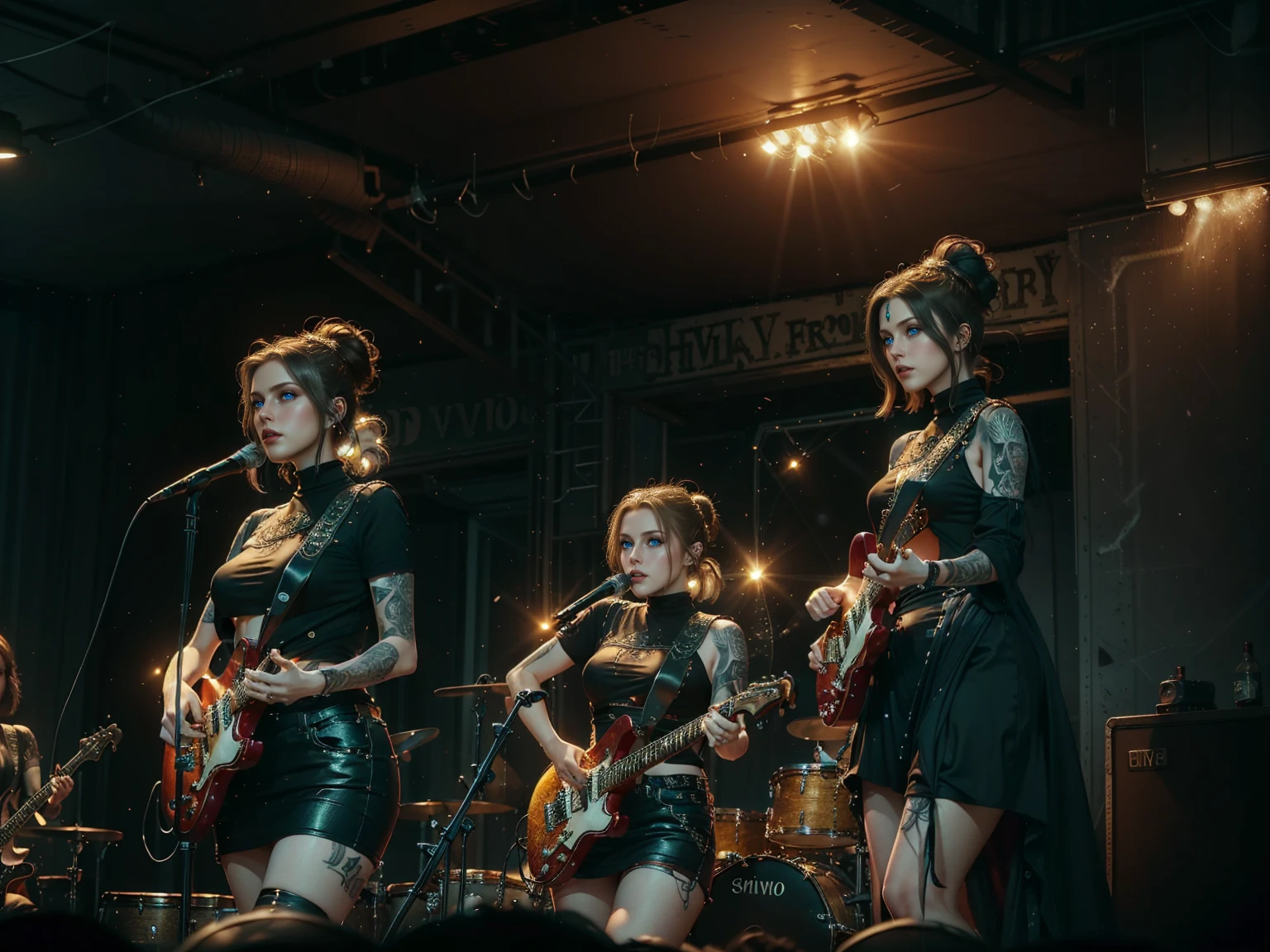 (Trio), An all woman punk band, 3 women, all wearing slightly revealing goth-punk outfits, interior of a smokey dive bar, the women are on stage performing, one woman sings, the second woman plays electric guitar, the third woman plays drums, instruments are worn but cared for, (all the women have some type of updo hairstyle), detailed hair, (each woman poses differently), beautiful eyes and lips, accurate faces, best hands, perfect hands, intricate and separate fingers, 8k, UHD, (studio lighting), lots of rich background details, (award winning photography capturing a sense of hope in dark times), arwen_datnoid_v1, NEGATIVE_HAND-NEG, glow particle, (full length portrait:1.37) 