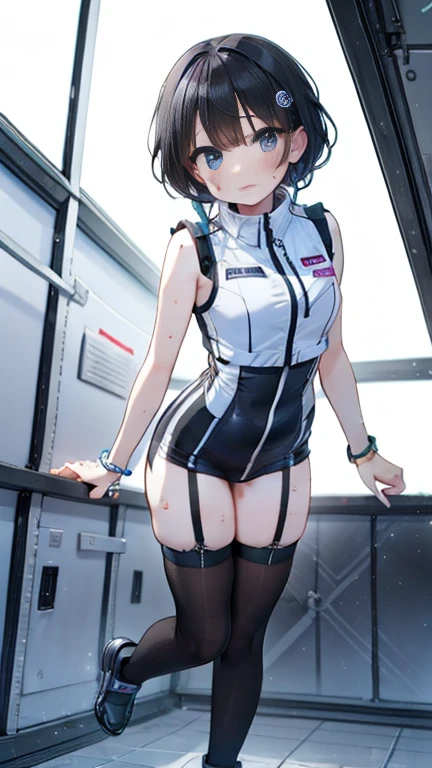 (Best Quality), (masterpiece), 1080P, High resolution, 4K, 8k, Inside the space station、Futuristic room、Thigh straps, Shooting from directly below, The woman on top of me, 白いsweat, Covered , sweat, Woman looking down, Skirt swimsuit, Thigh-high socks, To achieve this, , , whole body, Black leather shoes, Braided Hair, Inner Color, Embarrassed face, Short black hair, bracelet, bedroom,astrovest
