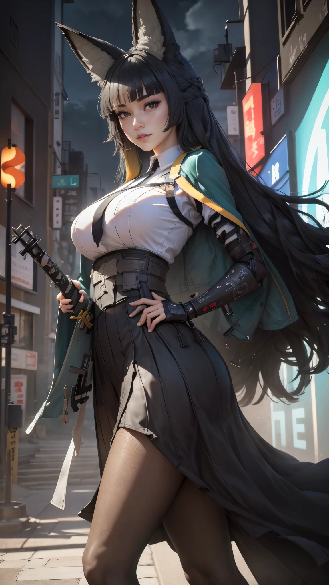 Hoshimi miyabi da zenless zone zeto,(best qualityer,4K,8k,high resolution,work of art:1.2)(weather: cloudy), Tokyo background, shopping district, wide hips, long curly hair, black hair, white shirt, long coat, long tight skirt, necktie, pantyhose, high heels, light makeup, katana, red eyes, fox ears, combat pose, ultra detailed,portrait,realistic,beautiful detailed eyes, beautiful detailed lips,extremely detailed eye and face, ultra detailed hands, long eyelashes,average, large breasts,flying hair,beaming smile, sexy smile, powerful girl, bright coloured, dramatic lighting,