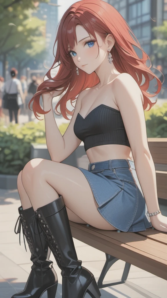 (((Adult woman)): (very short denim miniskirt, micro skirt, strapless denin top, Blue eyes, showing the whole body, ((red head short wavy hair)), ((High heel boots ). Closed mouth )); full body shot, ((sitting on a bench at park)), city background. High quality. 4k, 8k, many details. Masterpiece, accurate, anatomically correct, posing, detailed background, better quality, original work Focus on details, people's watching around, Front view, hand in hair, earrings,  wind blowing, red lace panties, down view, skirt lift, open legs