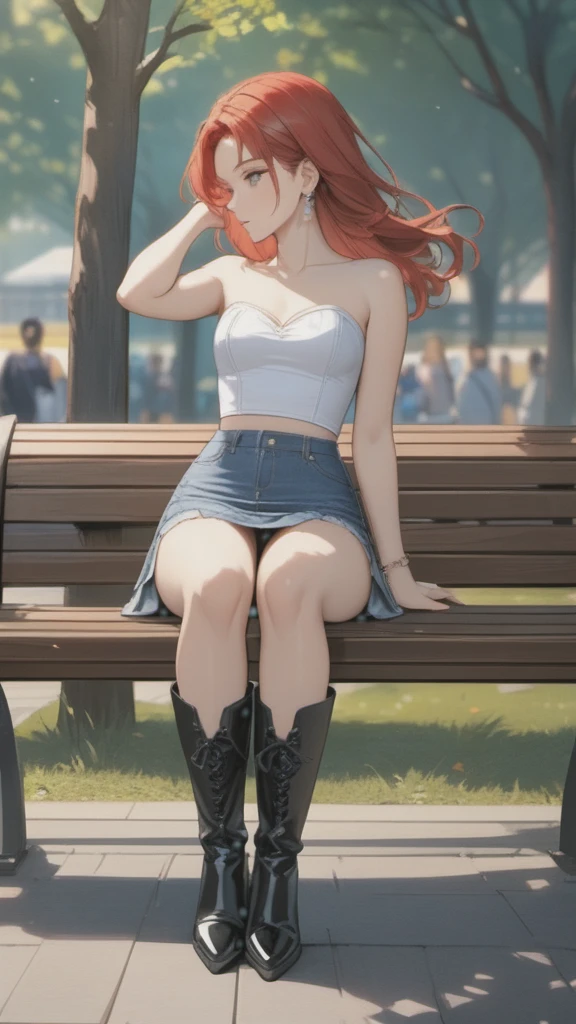 (((Adult woman)): (very short denim miniskirt, micro skirt, strapless denin top, Blue eyes, showing the whole body, ((red head short wavy hair)), ((High heel boots ). Closed mouth )); full body shot, ((sitting on a bench at park)), city background. High quality. 4k, 8k, many details. Masterpiece, accurate, anatomically correct, posing, detailed background, better quality, original work Focus on details, people's watching around, Front view, hand in hair, earrings,  wind blowing, red lace panties, down view, skirt lift, open legs