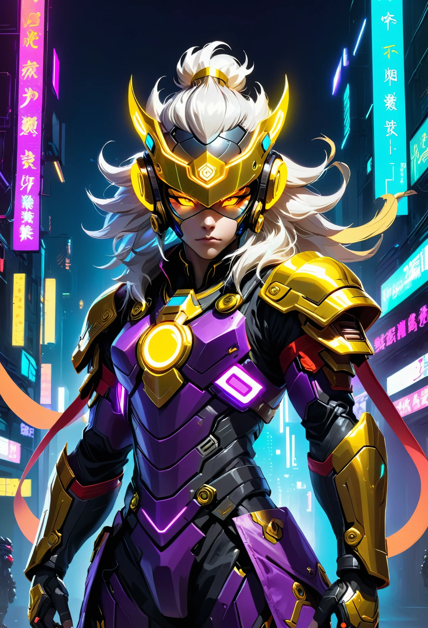 Cyberpunk armored hero with an asymmetrical windbreaker and neon energy accents, facing forward.
Golden ring headgear referencing Monkey King’s crown, with a minimalistic design visible from the front.
High-tech helmet with integrated glowing visor and holographic displays, showcasing the hero's features.
Flowing white hair, prominently displayed in a forward-facing pose, adding movement and mystery.
Dynamic action pose, standing confidently in a strong, heroic stance.
Purple combat armor with bold yellow and red accents, clearly visible from the front.
Mechanical monkey companion with a platinum exoskeleton, emitting purple light, standing beside the hero.
Subtle Monkey King references, including a golden ring and a faint energy-based staff-like weapon, held in a forward position.
Neon-lit urban background, filled with vibrant lights in a cyberpunk city, enhancing the scene.
Luminous belt, part of a high-tech warrior's look, emphasizing agility, strength, and precision in a frontal view.