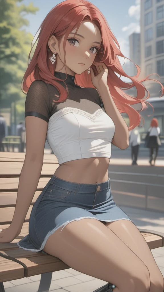 (((Adult woman)): (thigh short denim miniskirt, strapless denin top, pink eyes, brown skin, dark skin, showing the whole body, ((red head short wavy hair)), ((High heel boots ). Closed mouth )); full body shot, ((sitting on a bench at park)), city background. High quality. 4k, 8k, many details. Masterpiece, accurate, anatomically correct, posing, detailed background, better quality, original work Focus on details, people's watching around, Front view, hand in hair, earrings,  wind blowing, red lace panties, down view, skirt lift, open legs, light freckles 