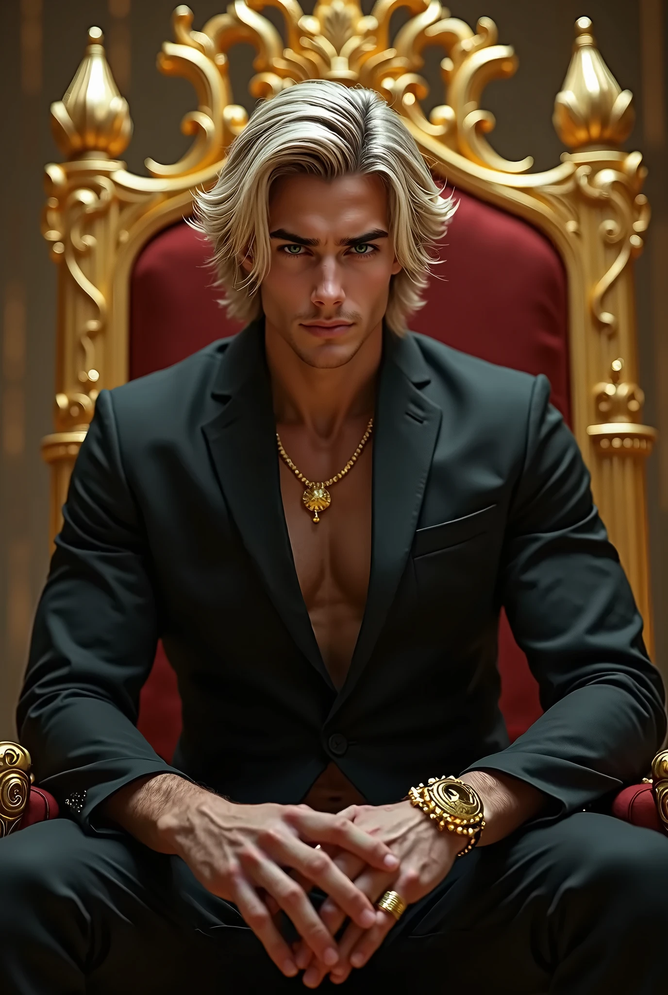 (photorealism:1.2), handsome man, young, dominant aura, muscular, sitting on a golden throne, with an intimidating pose, dressed in a black suit, black pants, blond hair, green eyes, golden crown and gold rings