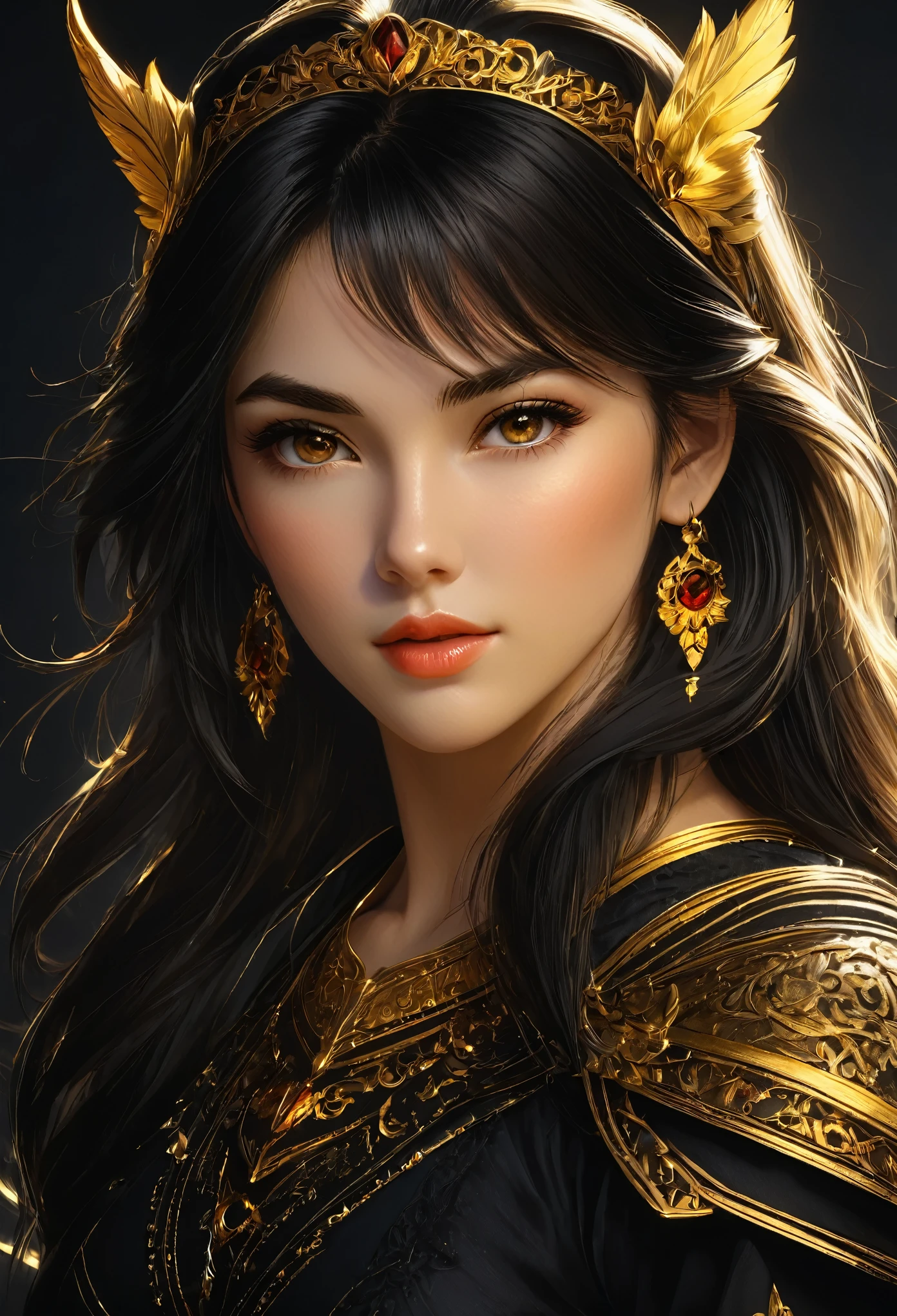 DSLR raw photo (masterpiece,Best quality</input></xml>, detailed), dark and rich shadows, red, gold and black , golden light, a WLOP portrait of a brunette by artgerm, pale and smooth cheeks, First shepherd, black hair  , exterior, multilayered realism, luminous shading perfect composition, super detailed, 8k, high quality, sharp focus, (Best quality</input></xml>:1.5) textured pele, remarkable detailed pupils, ((realistic dull skin noise)), ((visible skin detail)), ((fur)), (dry skin) 