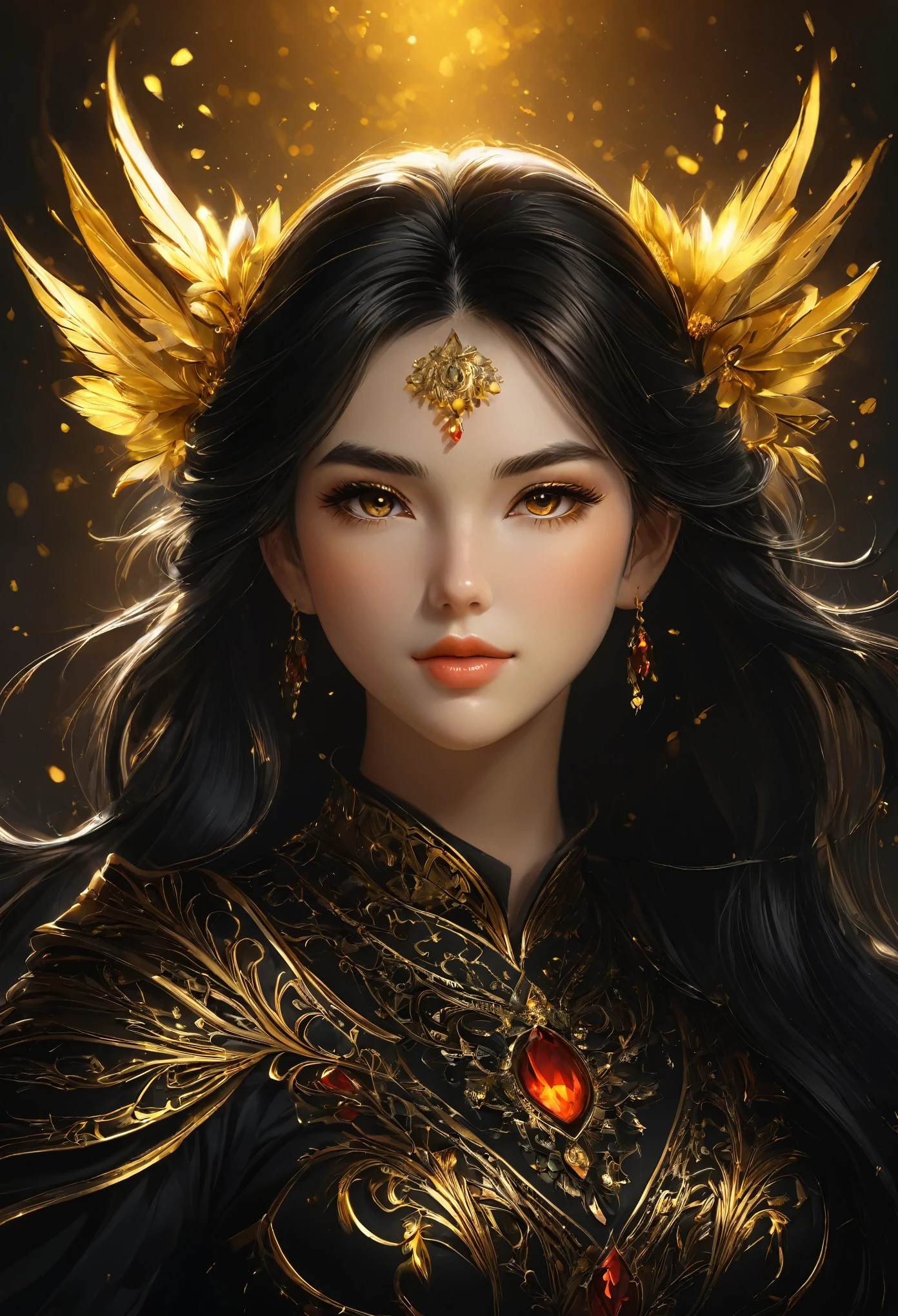 DSLR raw photo (masterpiece,Best quality</input></xml>, detailed), dark and rich shadows, red, gold and black , golden light, a WLOP portrait of a brunette by artgerm, pale and smooth cheeks, First shepherd, black hair , exterior, multilayered realism, luminous shading perfect composition, super detailed, 8k, high quality, sharp focus, (Best quality</input></xml>:1.5) textured pele, remarkable detailed pupils, ((realistic dull skin noise)), ((visible skin detail)), ((fur)), (dry skin