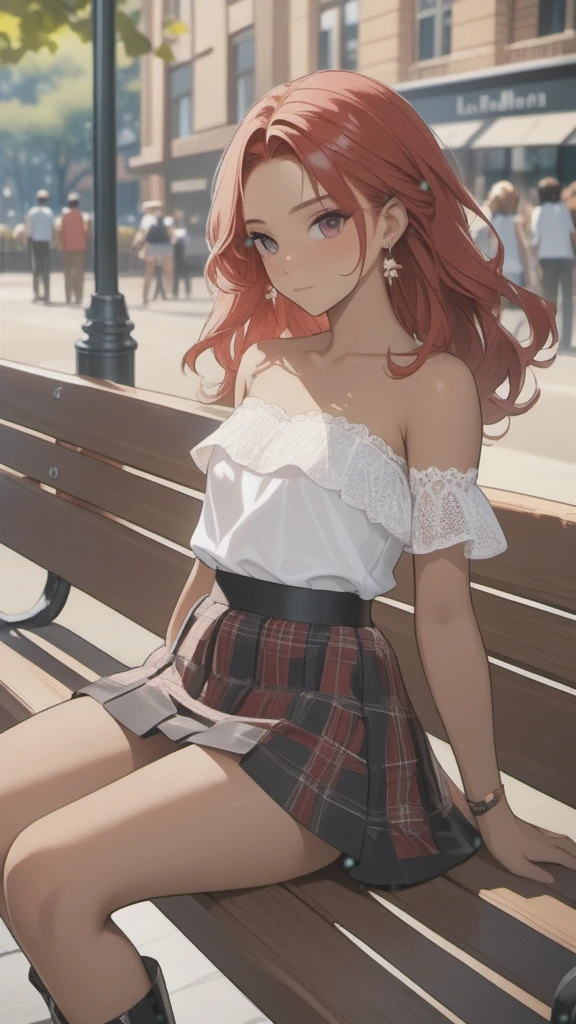 (((Adult woman)): (thigh short miniskirt, strapless lace top, pink eyes, brown skin, dark skin, showing the whole body, ((red head short wavy hair)), ((High heel boots ). Closed mouth )); full body shot, ((sitting on a bench at park)), city background. High quality. 4k, 8k, many details. Masterpiece, accurate, anatomically correct, posing, detailed background, better quality, original work Focus on details, people's watching around, Front view, earrings,  wind blowing, red lace panties, skirt lift, opening legs, little freckles 