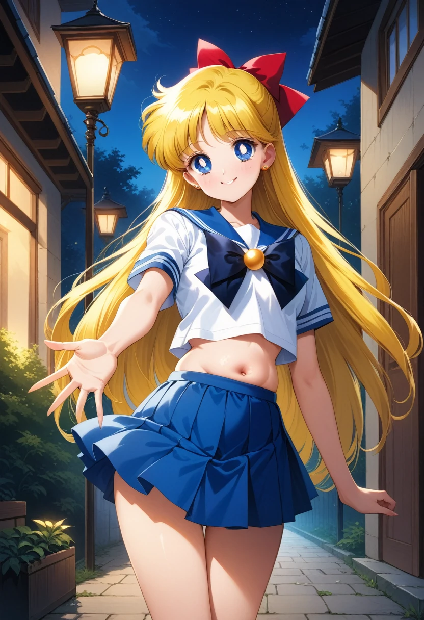 (masterpiece, best quality, very aesthetic, ultra detailed), intricate details, 4k, aavenus, long hair, blonde hair, hair bow, earrings, blue eyes, white school uniform, blue skirt, bare legs, standing, outdoors, night, reaching out, smile, midriff, belly button