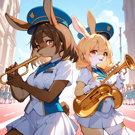 score_9, score_8_up, score_7_up, score_6_up, score_5_up, score_4_up, source_anime, best quality, amazing quality, very aesthetic, absurdres, 5 females, (furry, kemono:1.3), rabbit, Multiple female, 1 female, brown skin, playing trumpet, pink and white uniform, blue hat, center position, 2females, brown skin, playing drums, white and yellow uniforms, 2females, brown skin, playing flutes, green and yellow uniforms, outdoor setting, musical notes floating, lively atmosphere, marching band, An animated marching band, with the central character wearing a pink and white uniform with a blue hat and playing the trumpet. Two characters in white and yellow uniforms play drums, and two characters in green and yellow uniforms play flutes. All characters have brown skin. The background is not detailed, but suggests an outdoor setting, and notes floating in the air convey the liveliness of the performance,
