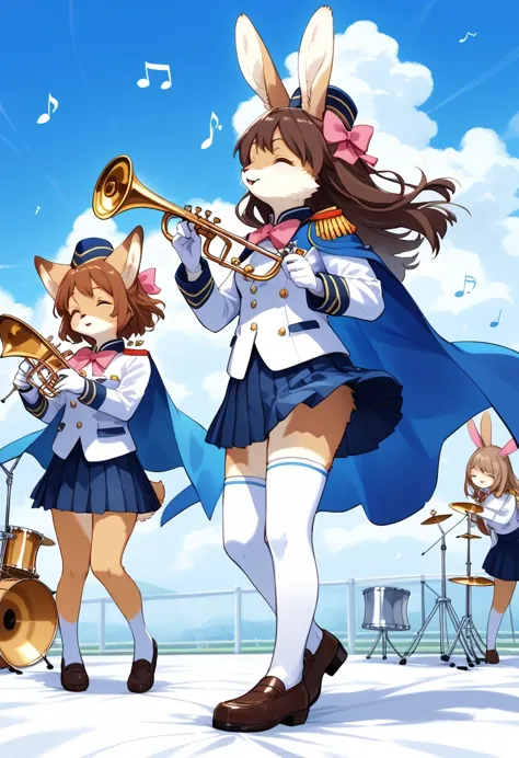 score_9, score_8_up, score_7_up, score_6_up, score_5_up, score_4_up, source_anime, best quality, amazing quality, very aesthetic, absurdres, 3 females, (furry, kemono:1.3), rabbit, instrument, multiple females, drum, trumpet, thighhighs, brown hair, brown eyes, hat, long hair, skirt, musical note, band uniform, shako cap, gloves, epaulettes, white gloves, short hair, playing instrument, cape, music, sheet music, pleated skirt, sky, standing, beamed eighth notes, bow, pink bow, day, drumsticks, closed eyes, outdoors, brown footwear, blue sky, shoes, uniform, hair bow, eighth note, cloud, holding instrument, holding, blue cape, quarter note, white jacket, long sleeves, jacket, A detailed digital illustration of a young girl in a white and pink outfit, holding a trumpet, standing in front of a group of other young girls in white and green uniforms, playing drums. The background is a light blue sky with white clouds, and musical notes floating in the air.
