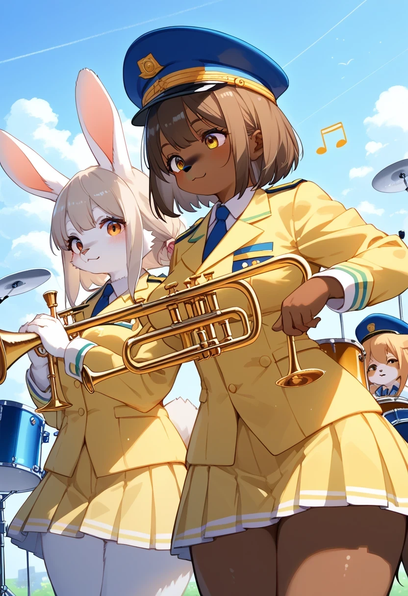 score_9, score_8_up, score_7_up, score_6_up, score_5_up, score_4_up, source_anime, best quality, amazing quality, very aesthetic, absurdres, 5 females, (furry, kemono:1.3), rabbit, Multiple female, 1 female, brown skin, playing trumpet, pink and white uniform, blue hat, center position, 2females, brown skin, playing drums, white and yellow uniforms, 2females, brown skin, playing flutes, green and yellow uniforms, outdoor setting, musical notes floating, lively atmosphere, marching band, An animated marching band, with the central character wearing a pink and white uniform with a blue hat and playing the trumpet. Two characters in white and yellow uniforms play drums, and two characters in green and yellow uniforms play flutes. All characters have brown skin. The background is not detailed, but suggests an outdoor setting, and notes floating in the air convey the liveliness of the performance,
