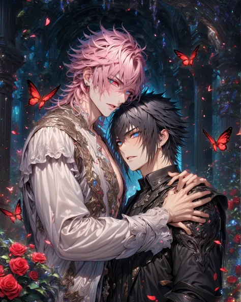 absurdres, highres, ultra detailed, HDR, master piece, best quality, extremely detailed, detailed eyes, detailed face, Noctis Lucis Caelum, black hair, expressive blue eyes, Final Fantasy XV, Nair, pink hair, messy hair, expressive red eyes, two sexy men together, handsome, adult face, manly, male, black clothes, black clothes, magical, fantasy, red moon, pillars, garden, red particles, red radiant butterflies, red glittering roses, red petals, Final Fantasy