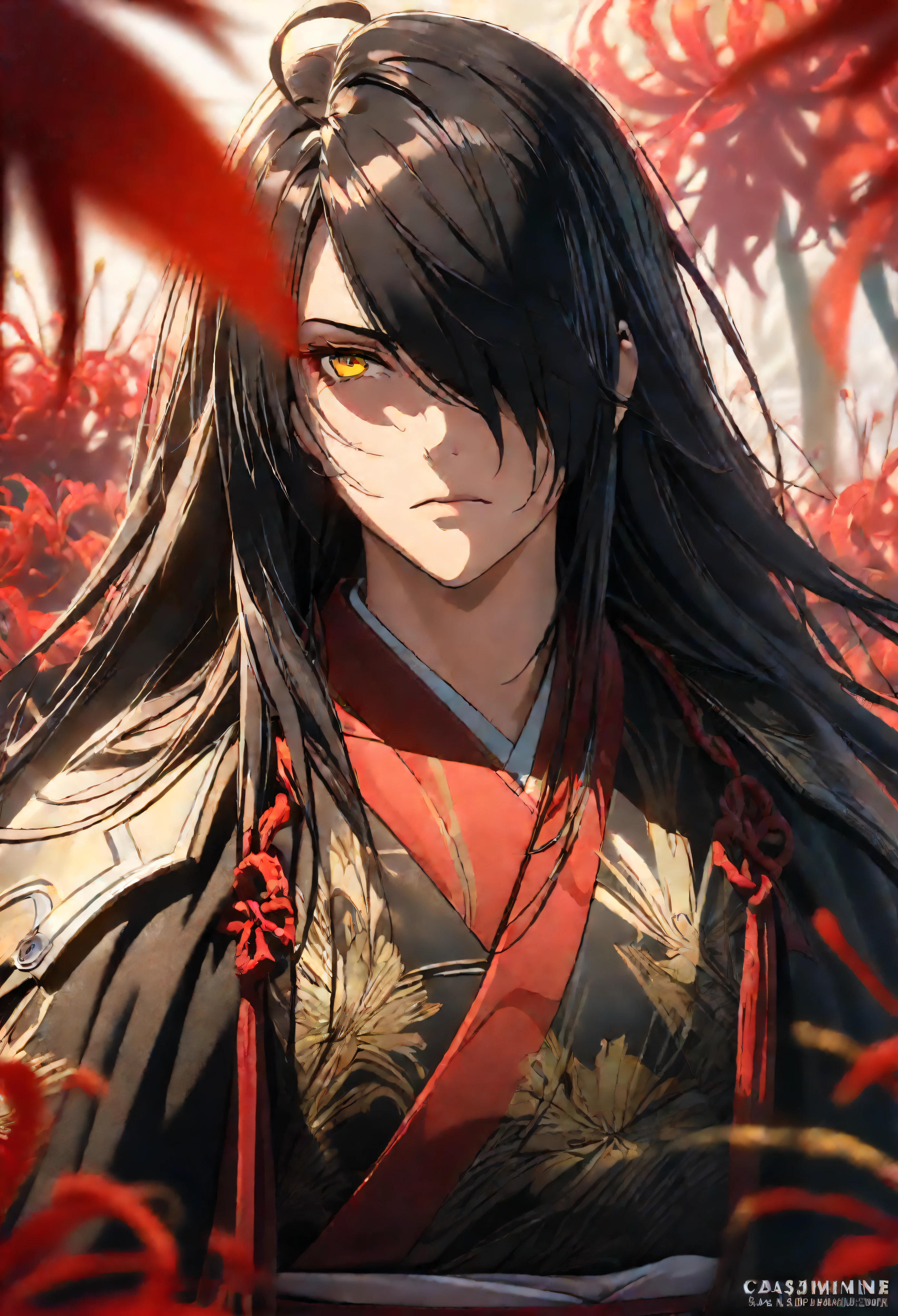 ((solo)), (man), tired face, yellow eyes, red eye liner, black hair, long hair, straight hair, messy hair, (mature), (adult), a close up of a person with a great sword, in a field of red spider lilies, detailed key anime art, casimir art, masamune shiro, masamune, handsome guy in demon slayer art, heise jinyao, shadowverse style, (no logos), stylistic kimono clothing, expressive hair, hair over one eye, shiny hair, ahoge, bangs, depth of field, cinematic lighting, ray tracing, depth of field, cinematic lighting, ray tracing, UHD, high details, best quality, highres, high quality, award winning, super detail, masterpiece, 8k, UHD, high details, best quality, highres, high quality, award winning, super detail, masterpiece, 8k